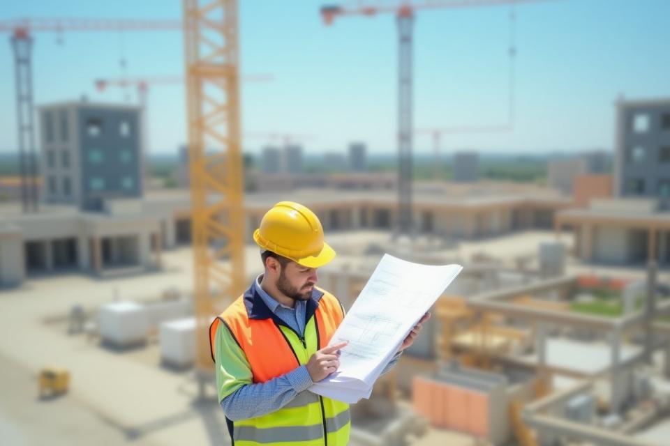 안전모를 쓴 건설 현장 직원이 현장 점검 중