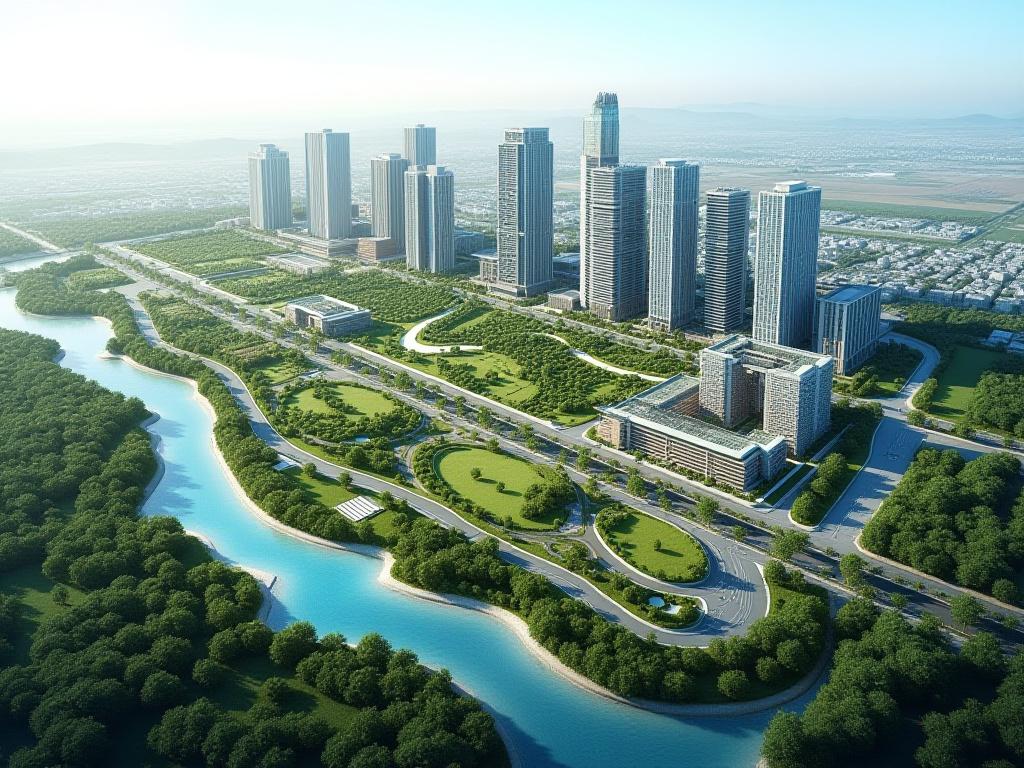 도시 재개발 프로젝트의 조감도, 현대적인 건물과 공원 포함