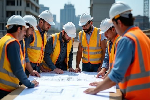 일반 계약 서비스: 건설 현장에서 설계도를 펼쳐보는 엔지니어들