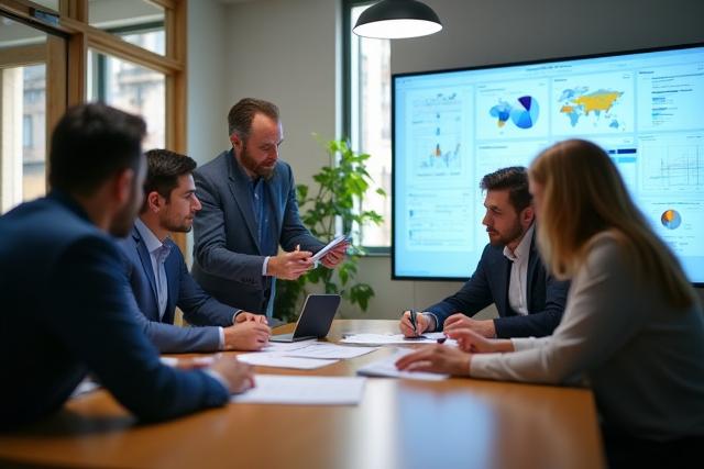 프로젝트 관리 서비스: 회의실에서 노트북으로 프로젝트 진행 상황을 검토하는 팀
