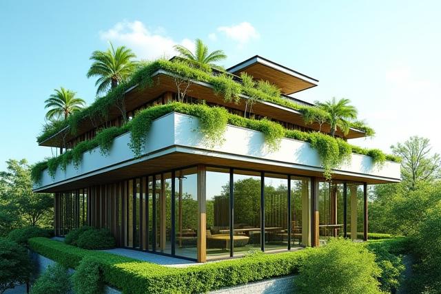 친환경 건설 서비스: 옥상 정원이 있는 현대적인 녹색 건물